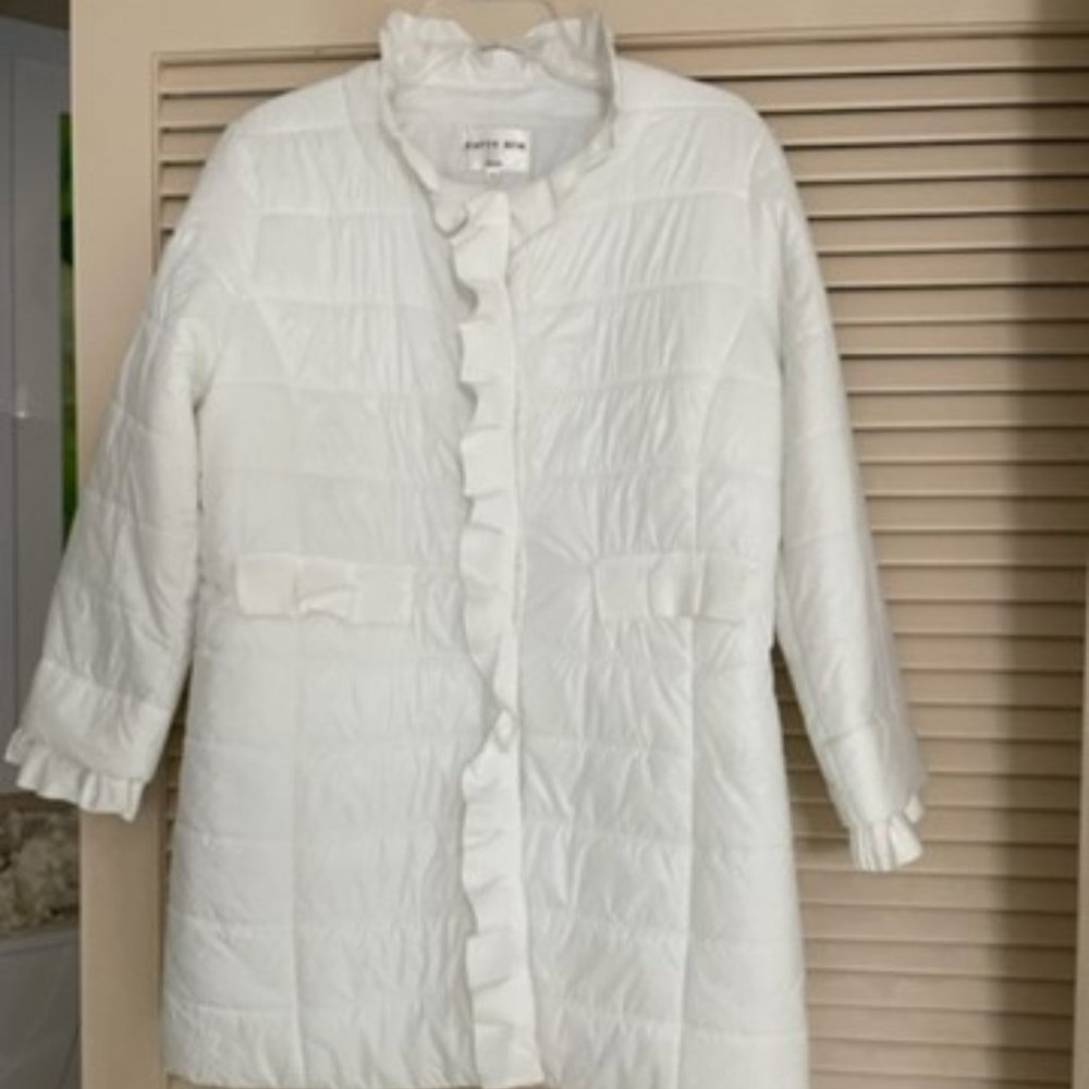 Patty Kim White Gros Grain trimmed puffer coat size Medium